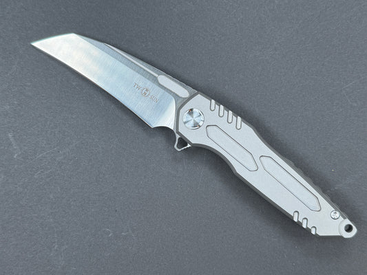 TWOSUN TS48 Folder, Frame Lock, D2, Satin, Hawkbill, Plain Edge, Full Grind, Handle: Titanium/Gray, (NEW - OPEN BOX)