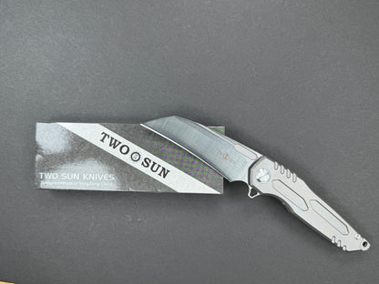 TWOSUN TS48 Folder, Frame Lock, D2, Satin, Hawkbill, Plain Edge, Full Grind, Handle: Titanium/Gray, (NEW - OPEN BOX)