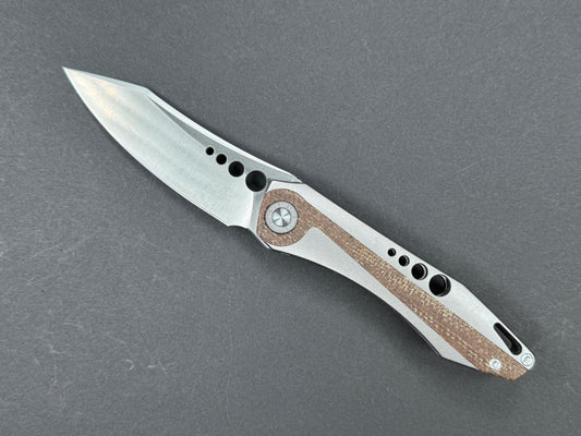 TWOSUN TS263 Folding, Frame Lock, 14C28N, Satin, Clip Point, Plain Edge, Full Grind, Handle: Titanium/ Micarta/Gray/ Brown, (NEW - OPEN BOX)
