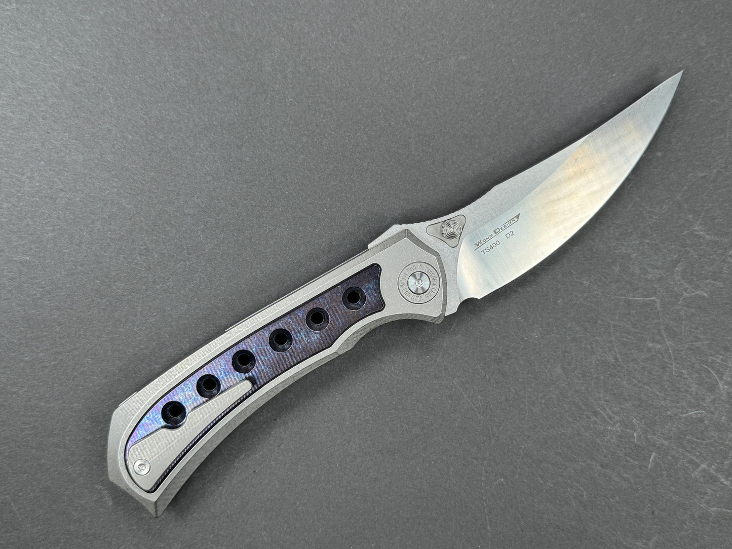 TWOSUN TS400 Folding, Liner Lock, D2, Satin/ Stonewash, Trailing Point, Plain Edge, Full Grind, Handle: Titanium/Gray/ Blue, (NEW - OPEN BOX)