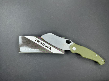 TWOSUN TS421 Folding, Liner Lock, D2, Stonewash, Sheepsfoot, Plain Edge, Flat Grind, Handle: G10/Green, (NEW - OPEN BOX)