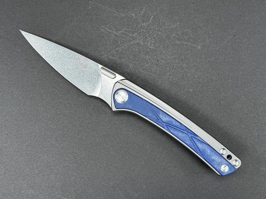 TWOSUN TS171 Folding, Frame Lock , D2, Stonewash, Clip Point, Plain Edge, High Flat Grind, Handle: Titanium/ Micarta/Blue, (NEW - OPEN BOX)