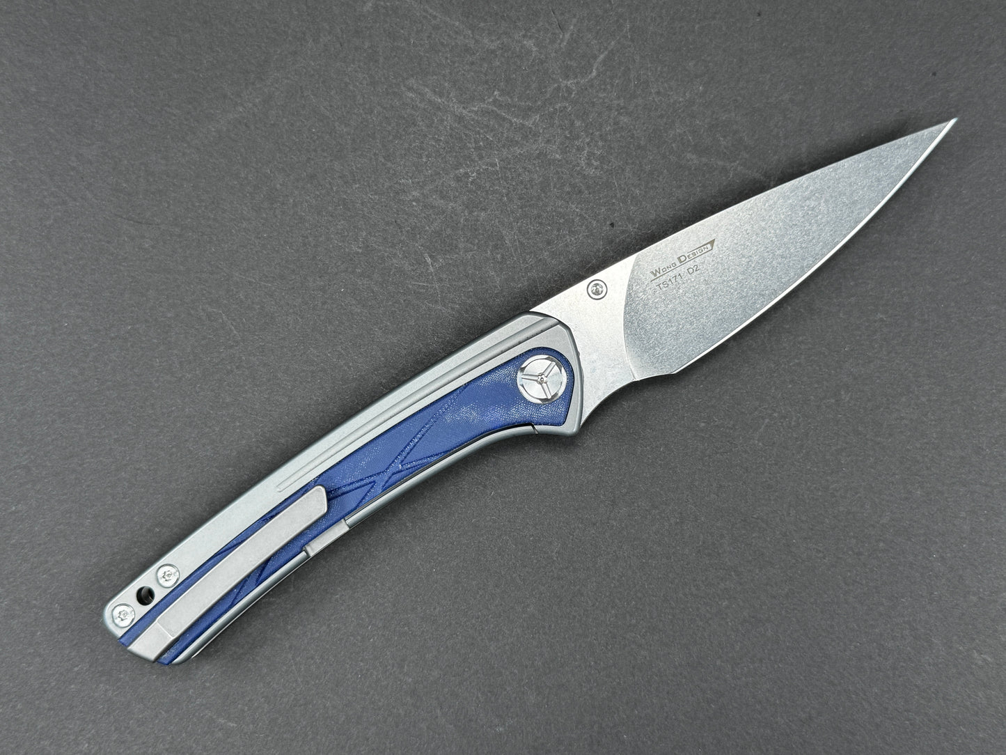 TWOSUN TS171 Folding, Frame Lock , D2, Stonewash, Clip Point, Plain Edge, High Flat Grind, Handle: Titanium/ Micarta/Blue, (NEW - OPEN BOX)