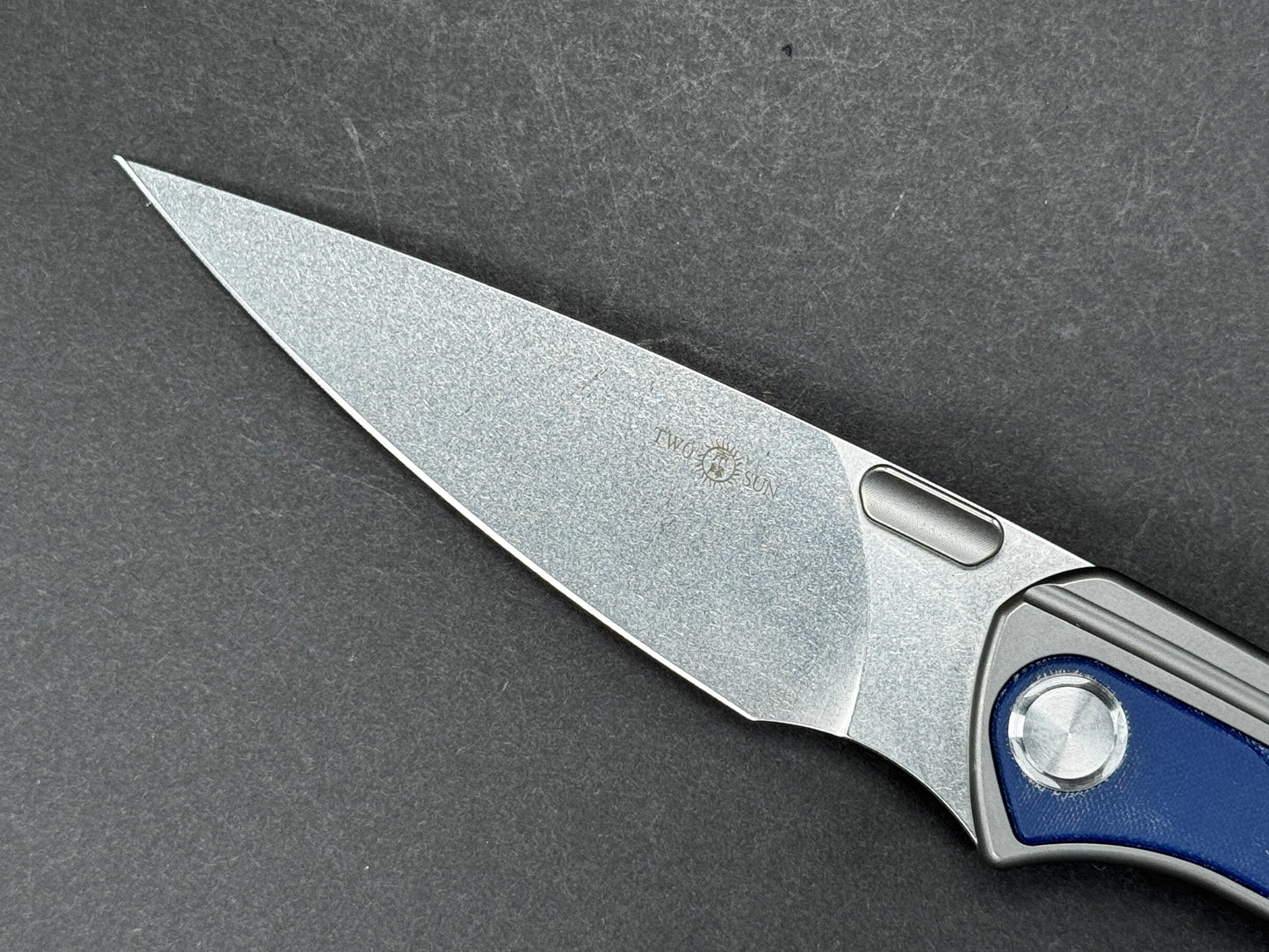 TWOSUN TS171 Folding, Frame Lock , D2, Stonewash, Clip Point, Plain Edge, High Flat Grind, Handle: Titanium/ Micarta/Blue, (NEW - OPEN BOX)