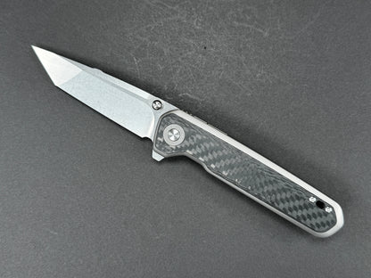 TWOSUN TS473 Folding, Frame Lock , 14C28N, Stonewash, Tonto, Plain Edge, Compound Bevel, Handle: Titanium/ Carbon Fiber/Gray/ Black, (NEW - OPEN BOX)
