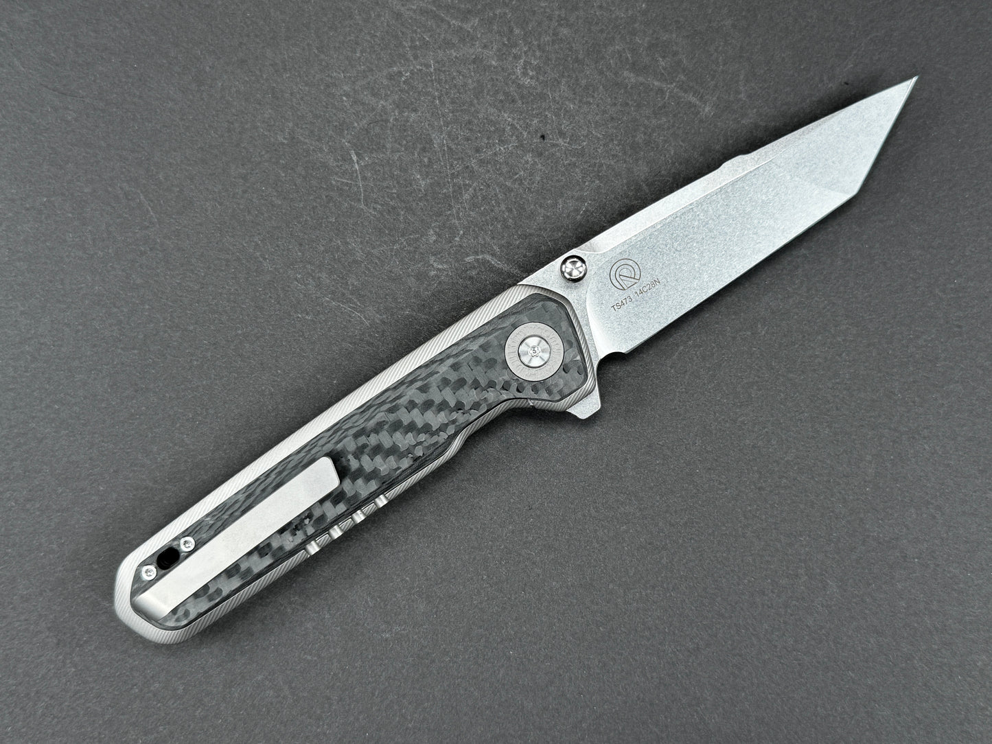 TWOSUN TS473 Folding, Frame Lock , 14C28N, Stonewash, Tonto, Plain Edge, Compound Bevel, Handle: Titanium/ Carbon Fiber/Gray/ Black, (NEW - OPEN BOX)
