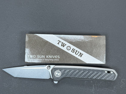 TWOSUN TS473 Folding, Frame Lock , 14C28N, Stonewash, Tonto, Plain Edge, Compound Bevel, Handle: Titanium/ Carbon Fiber/Gray/ Black, (NEW - OPEN BOX)