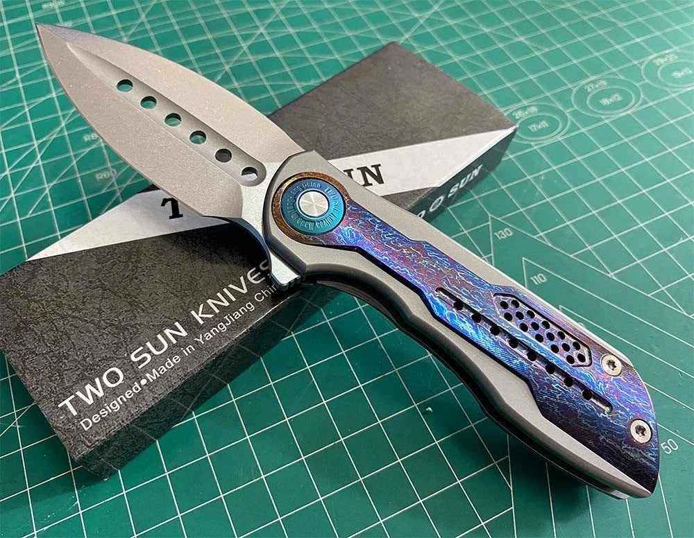 TWOSUN TS440 Gold or Blue Titanium Handle 14C28N Blade